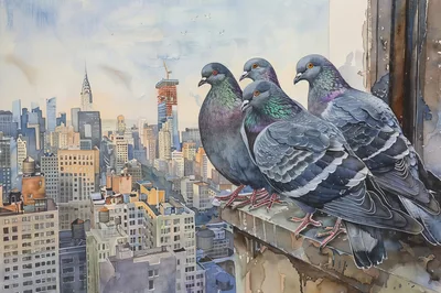 Three Pigeons Perched On A New York City Ledge