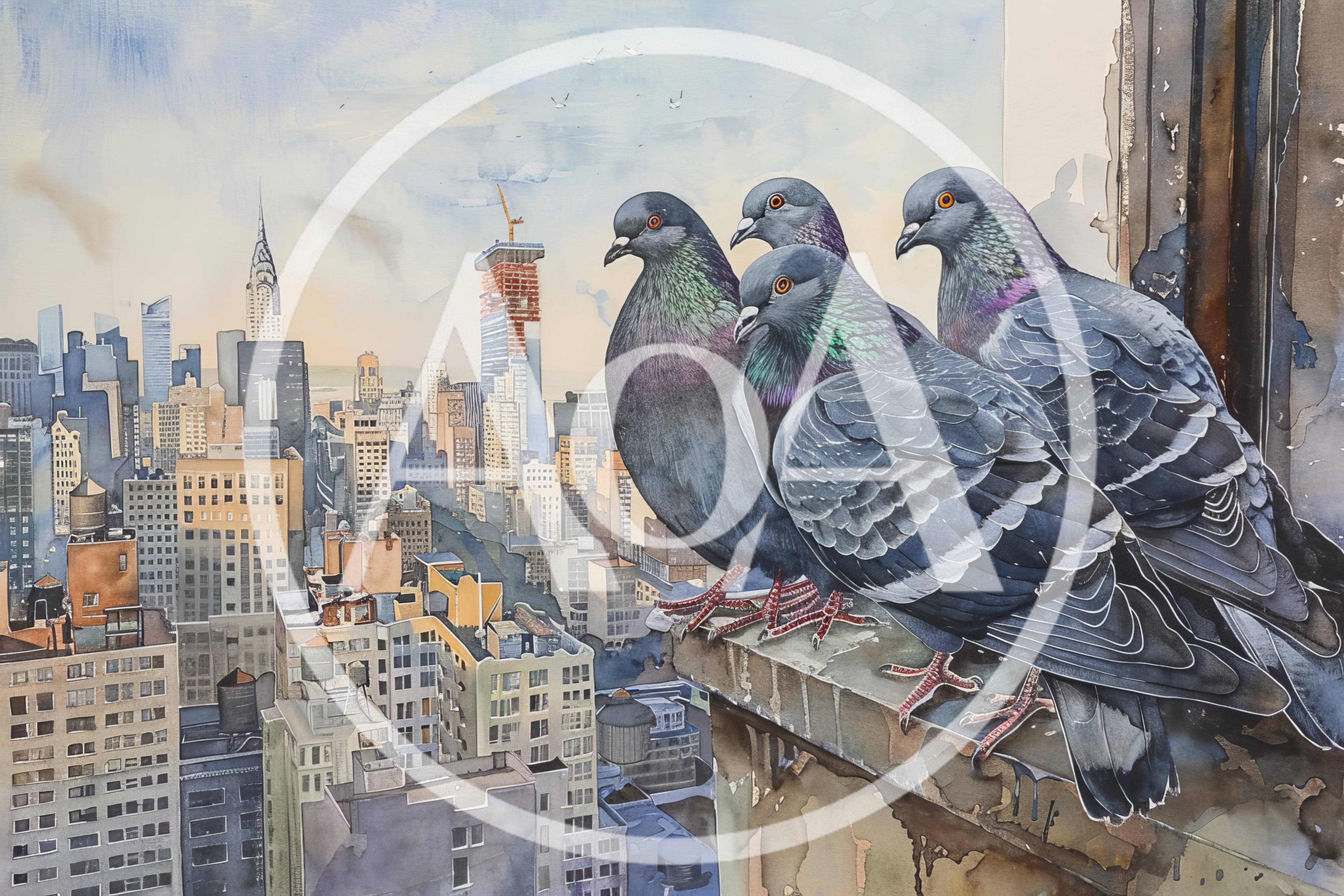 Three Pigeons Perched On A New York City Ledge