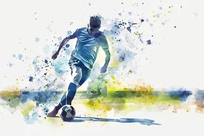 Watercolor Illustration Of A Soccer Player Dribbling