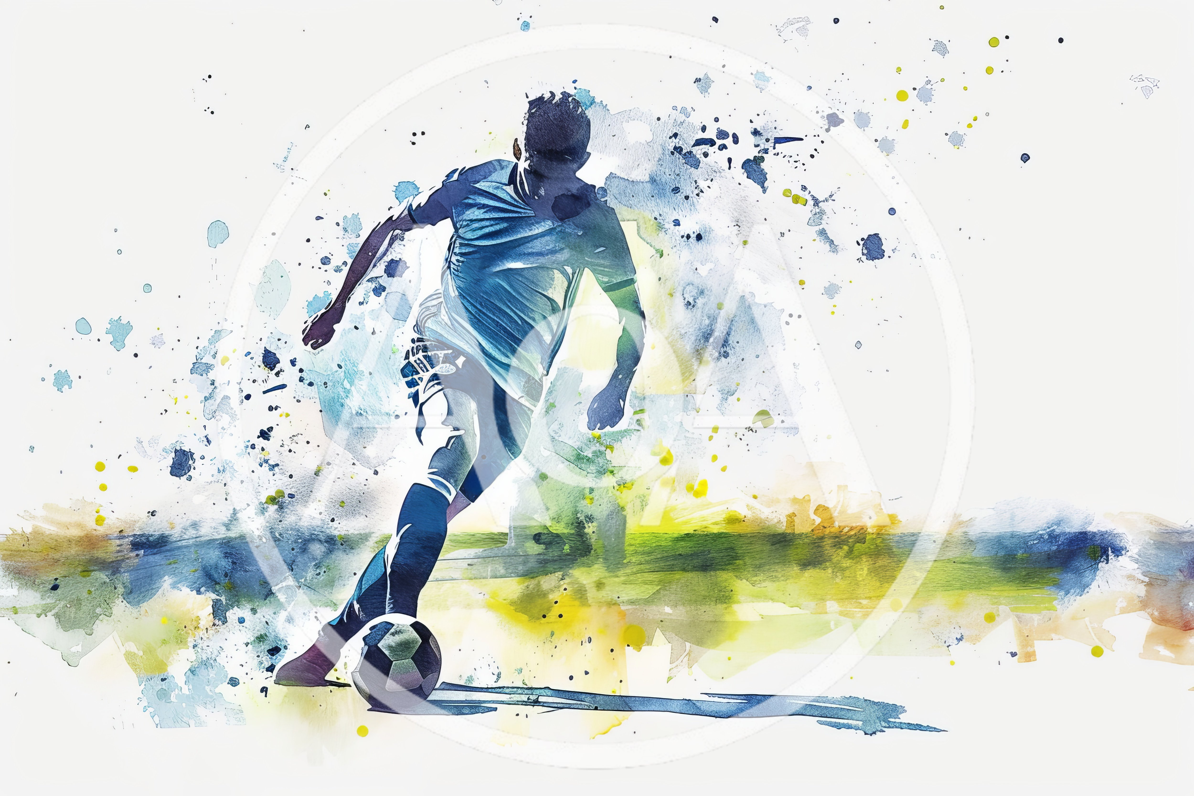 Watercolor Illustration Of A Soccer Player Dribbling