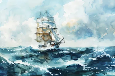 Watercolor Painting Of A Tall Ship Sailing Rough Seas