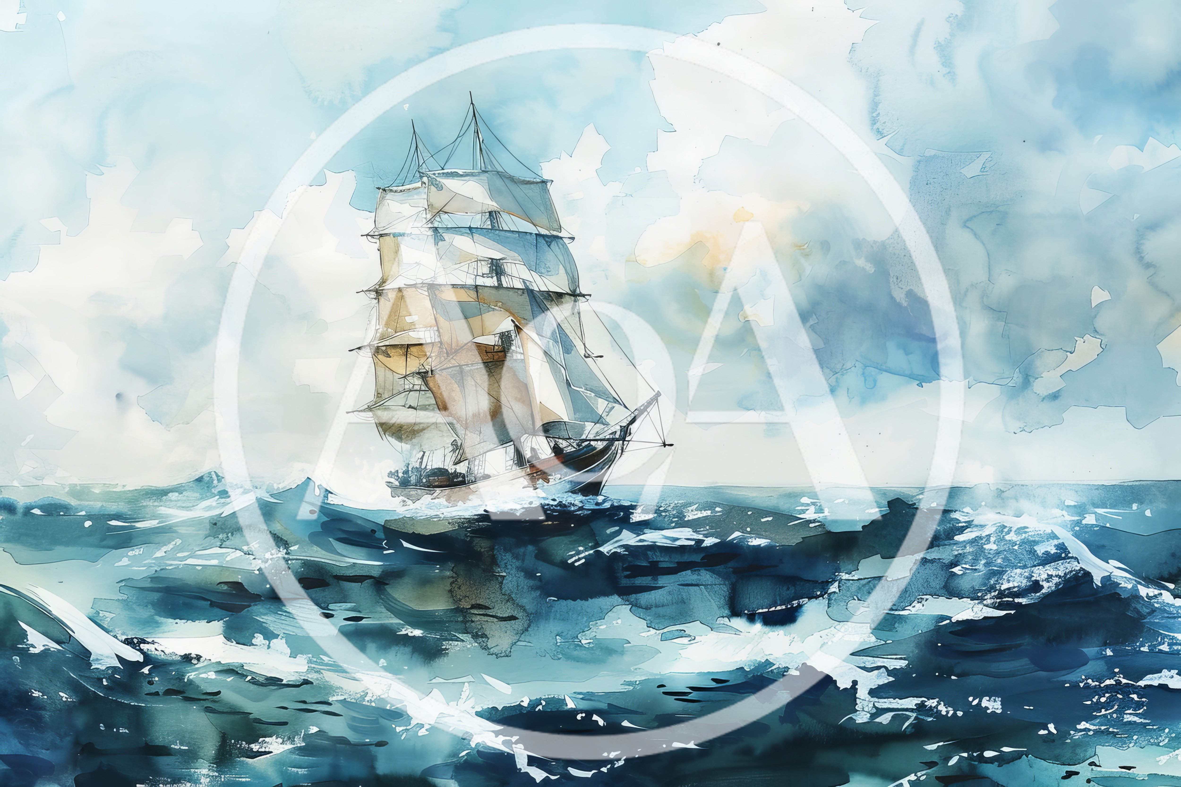 Watercolor Painting Of A Tall Ship Sailing Rough Seas