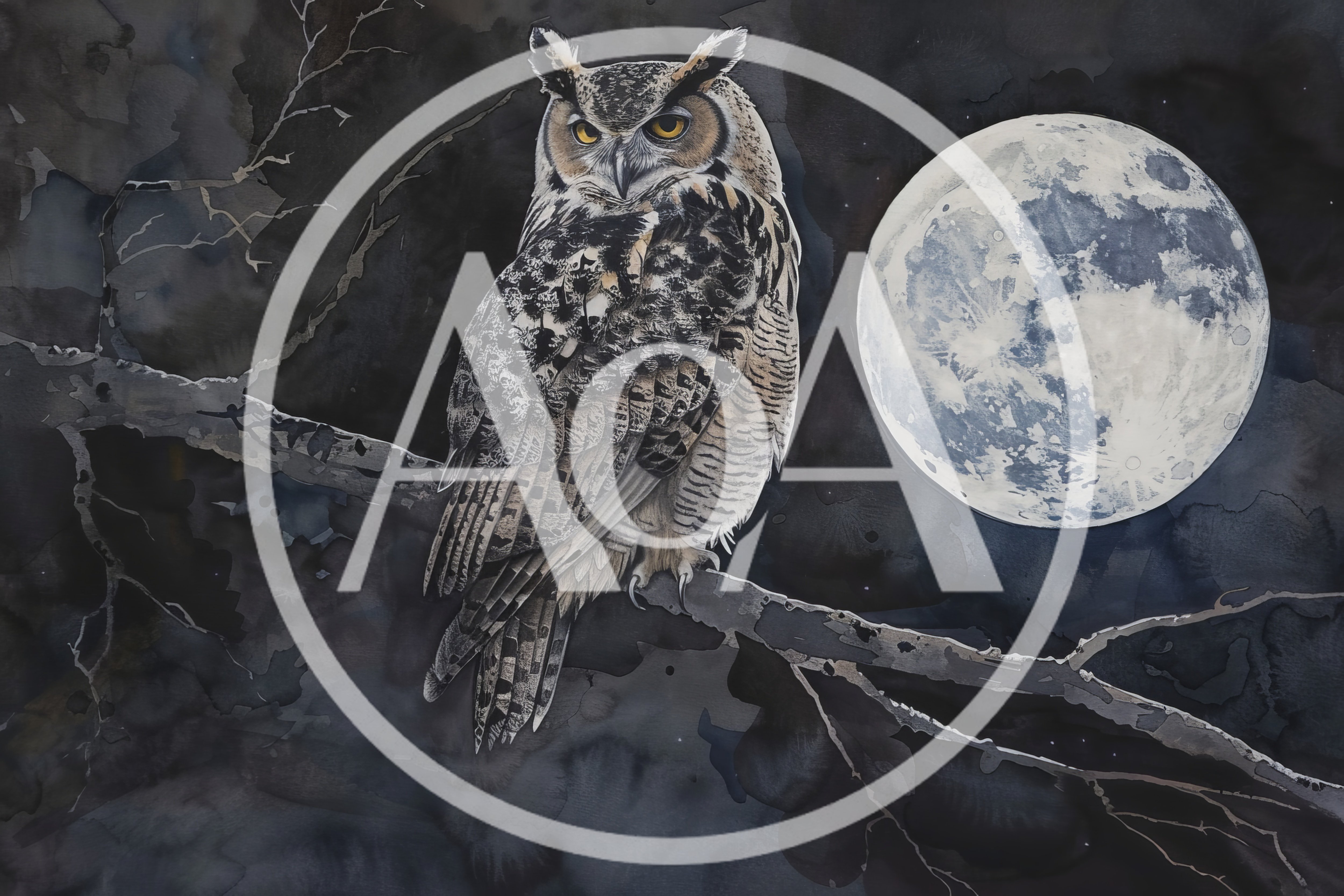 Great Horned Owl Perched On Branch Under Full Moon