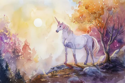 Watercolor Illustration Of A Majestic Unicorn In Autumn Forest