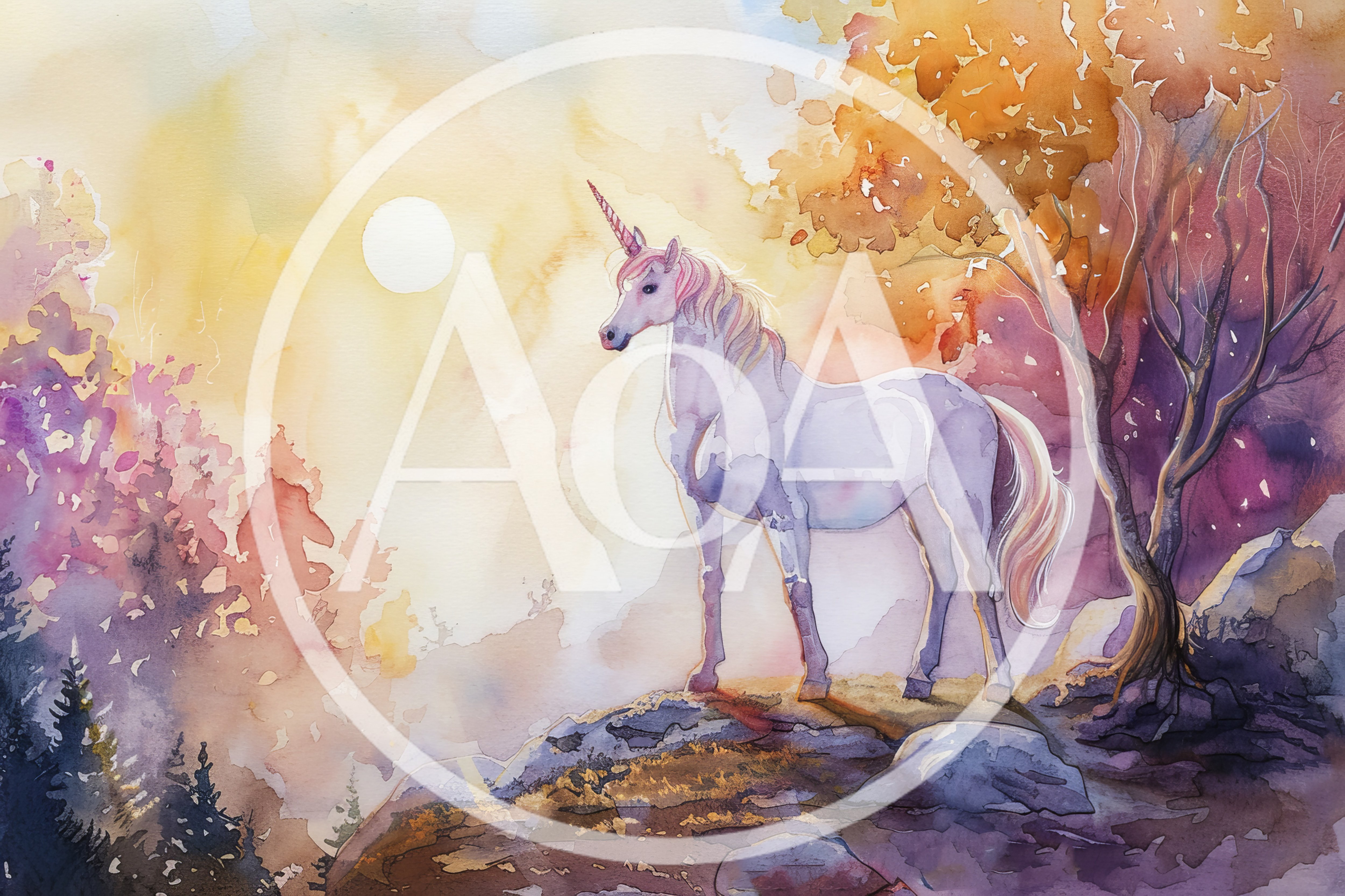Watercolor Illustration Of A Majestic Unicorn In Autumn Forest