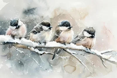 Four Chickadees Perched On A Snowy Branch