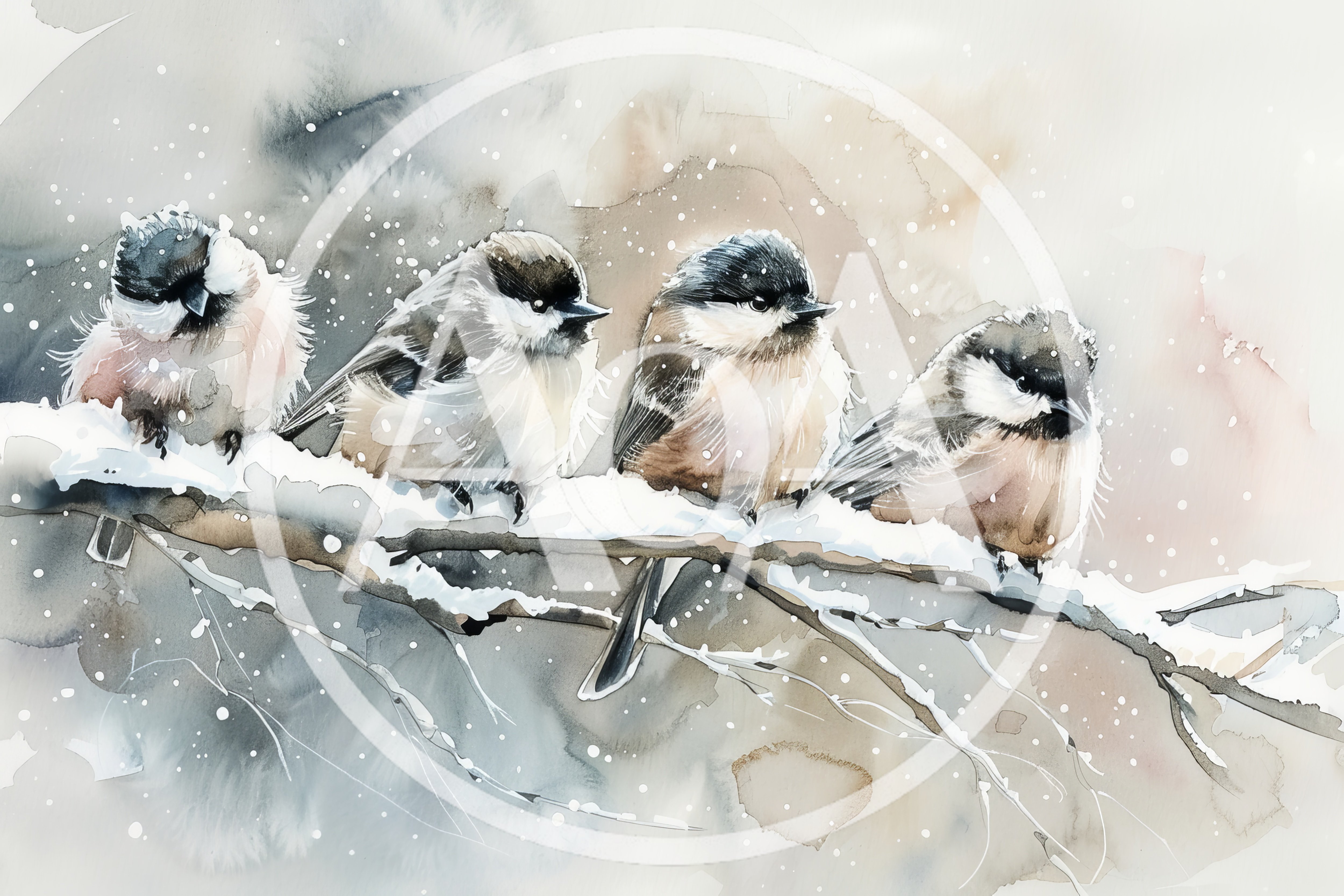 Four Chickadees Perched On A Snowy Branch