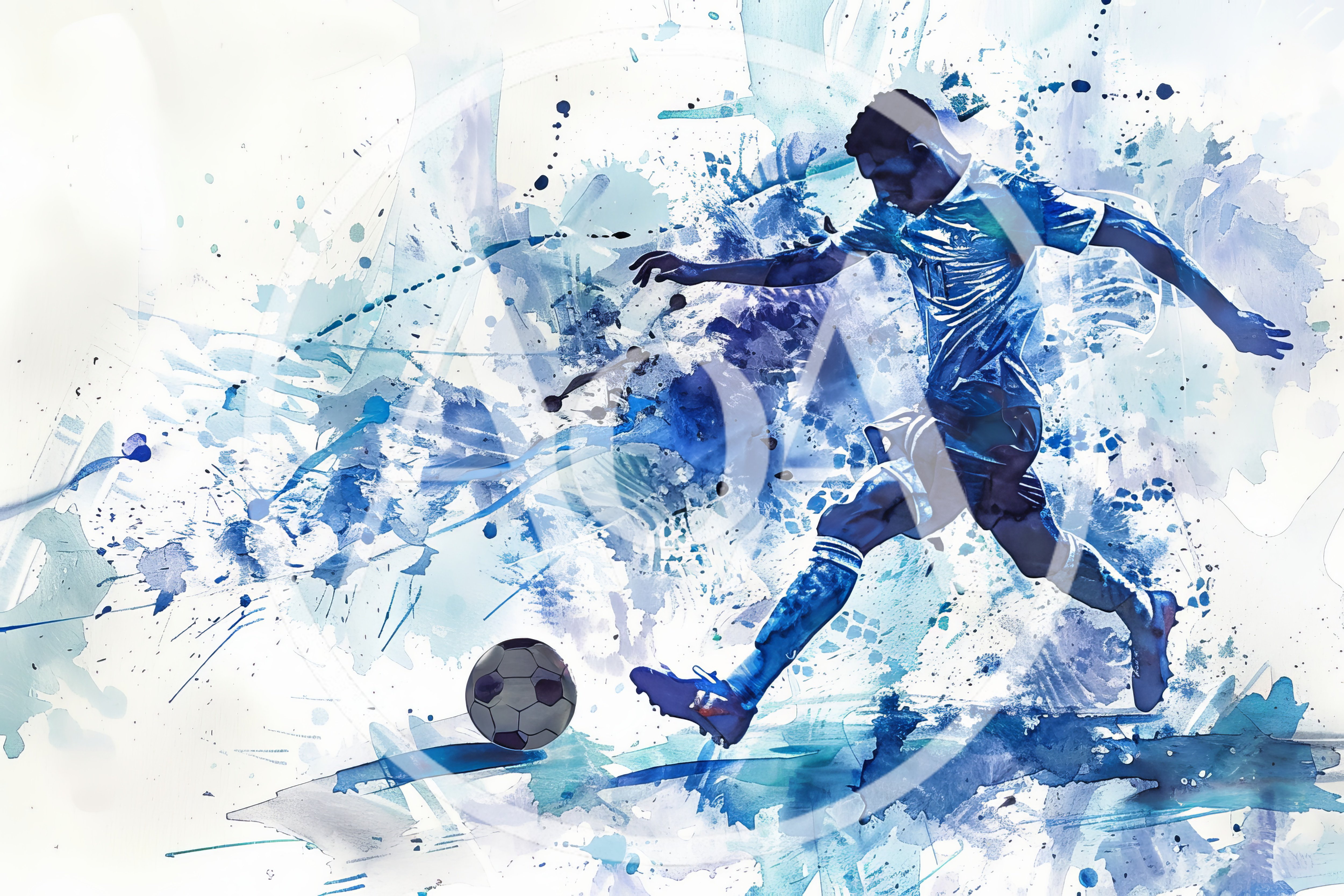 Dynamic Soccer Player Kicking Ball Watercolor Illustration