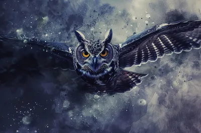 Great Horned Owl Flying Through Dark Abstract Background