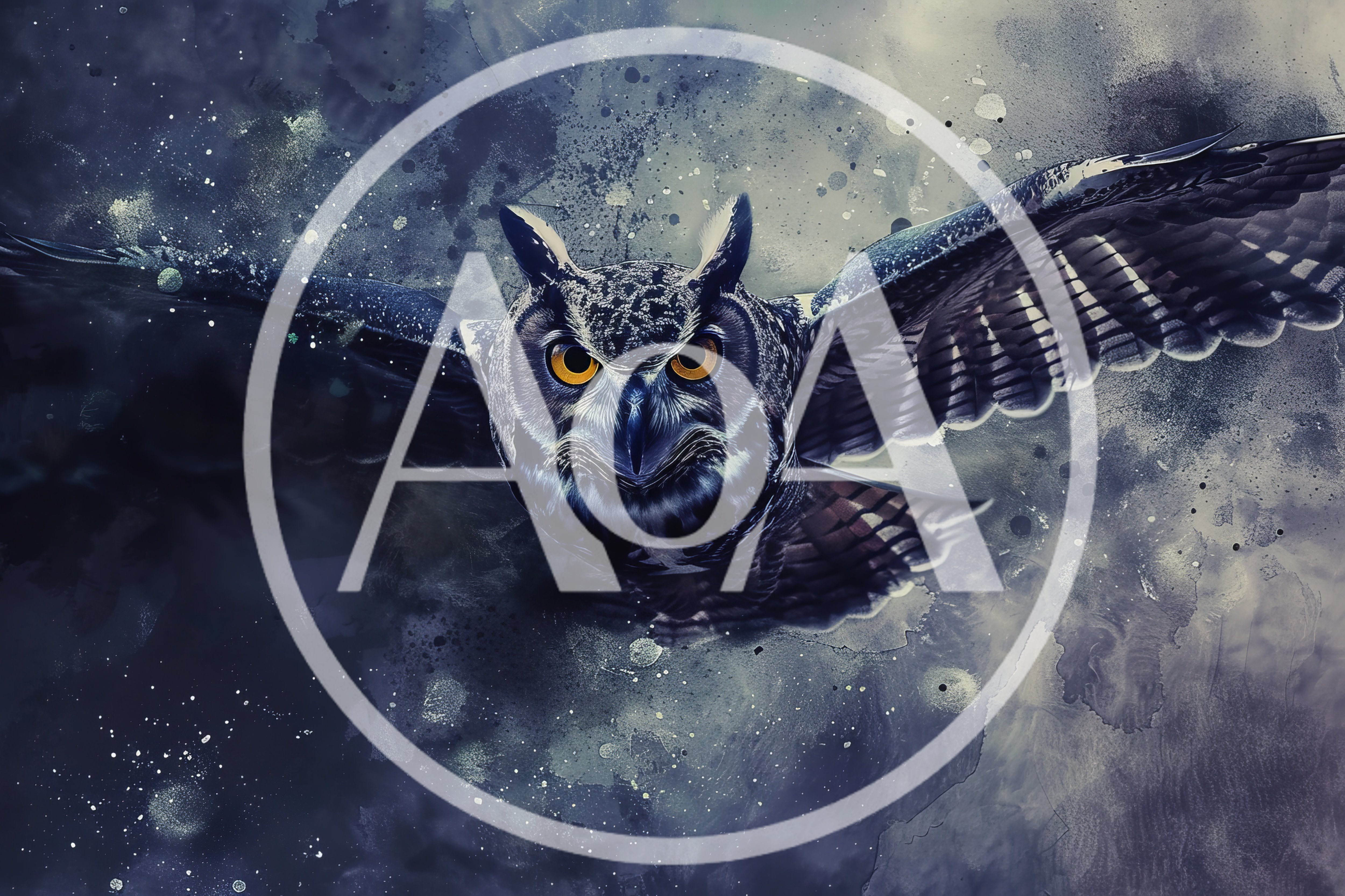Great Horned Owl Flying Through Dark Abstract Background