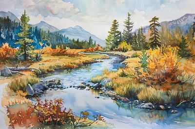 Watercolor Painting Of A Serene Mountain Stream