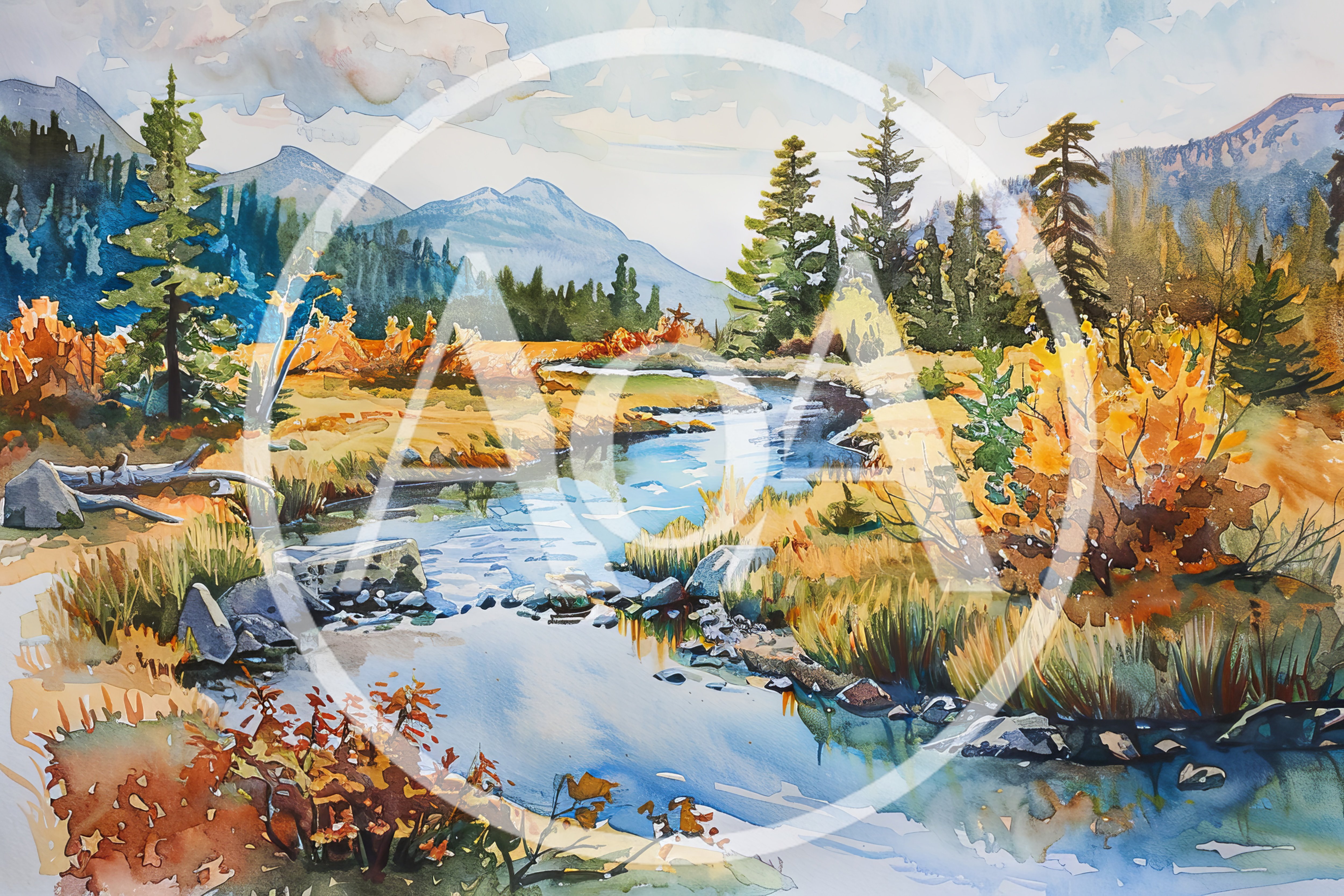 Watercolor Painting Of A Serene Mountain Stream