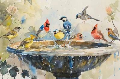 Watercolor Painting Of Various Birds At A Birdbath