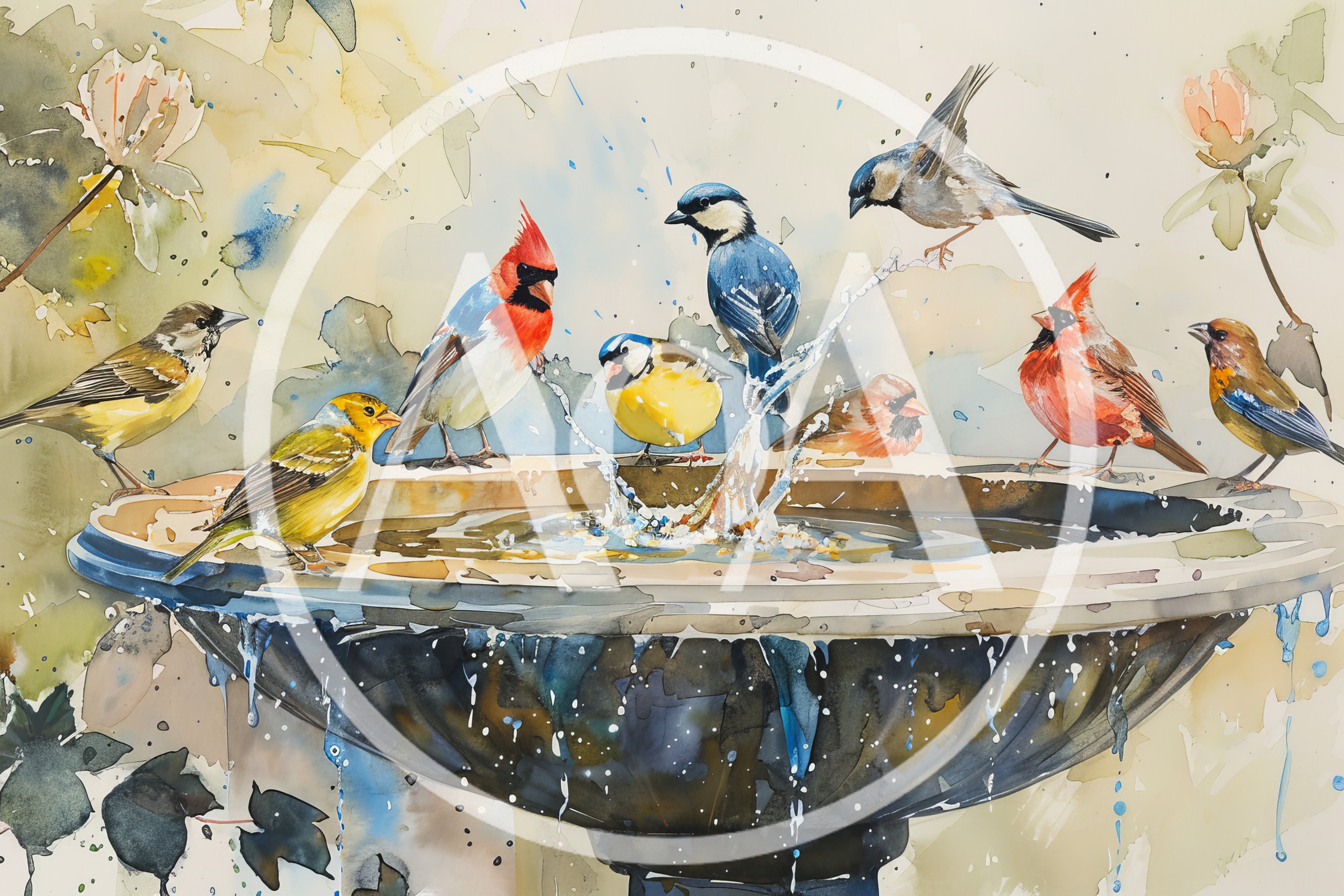 Watercolor Painting Of Various Birds At A Birdbath