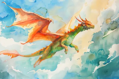 Watercolor Illustration Of A Flying Green And Orange Dragon
