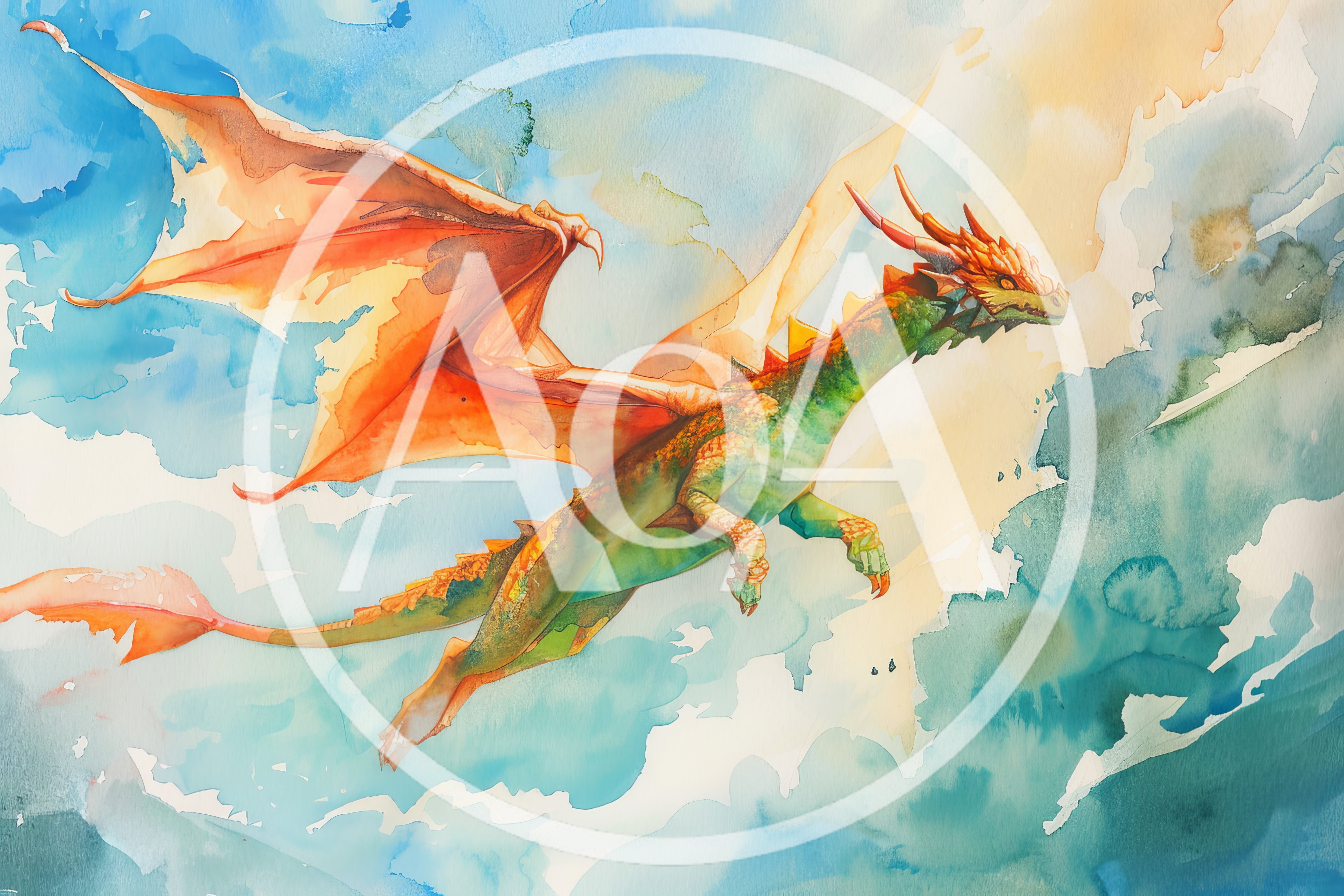 Watercolor Illustration Of A Flying Green And Orange Dragon