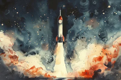 Watercolor Illustration Of A Rocket Launching Into Space