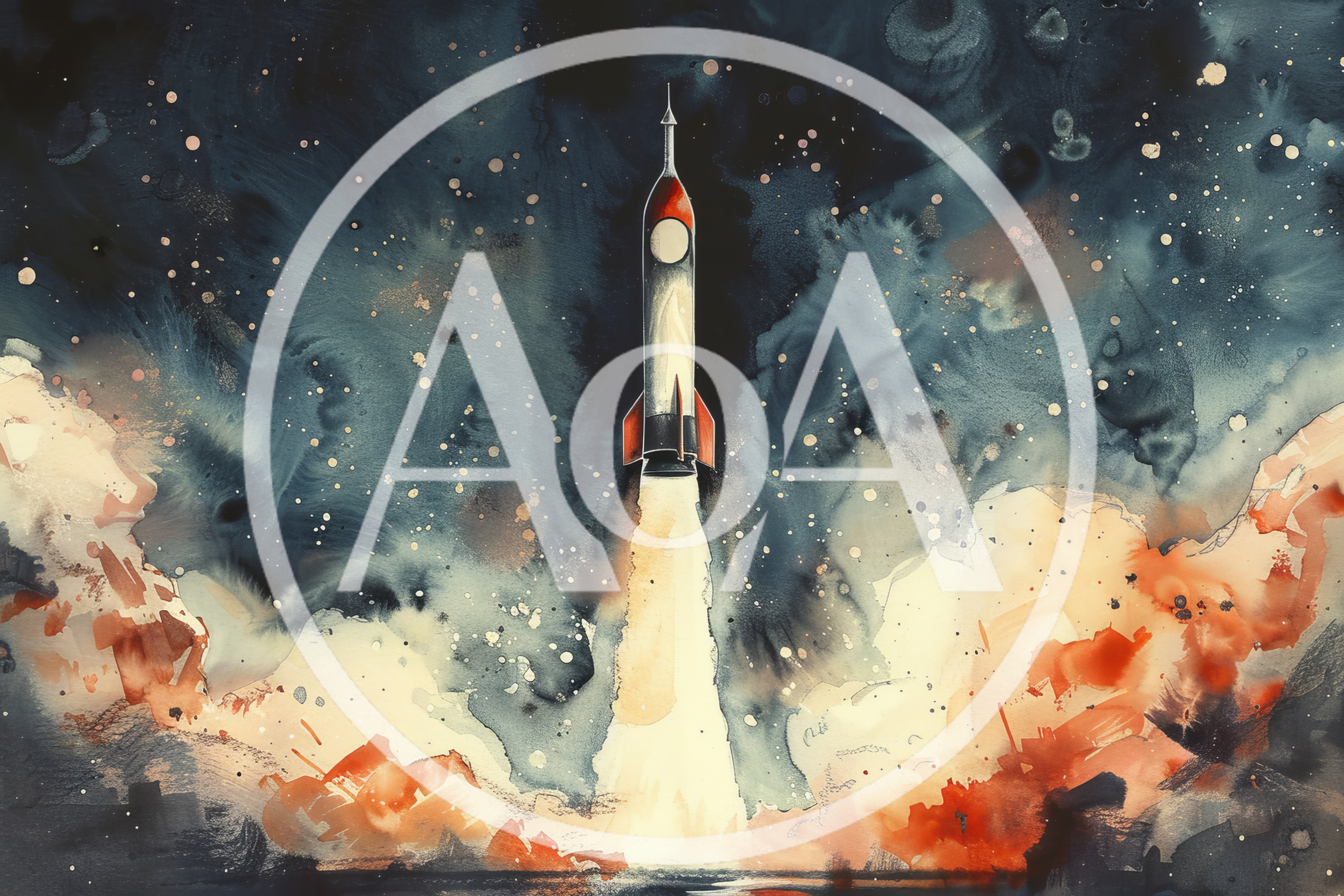 Watercolor Illustration Of A Rocket Launching Into Space