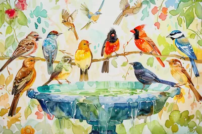 Watercolor Painting Of Various Colorful Birds At A Birdbath