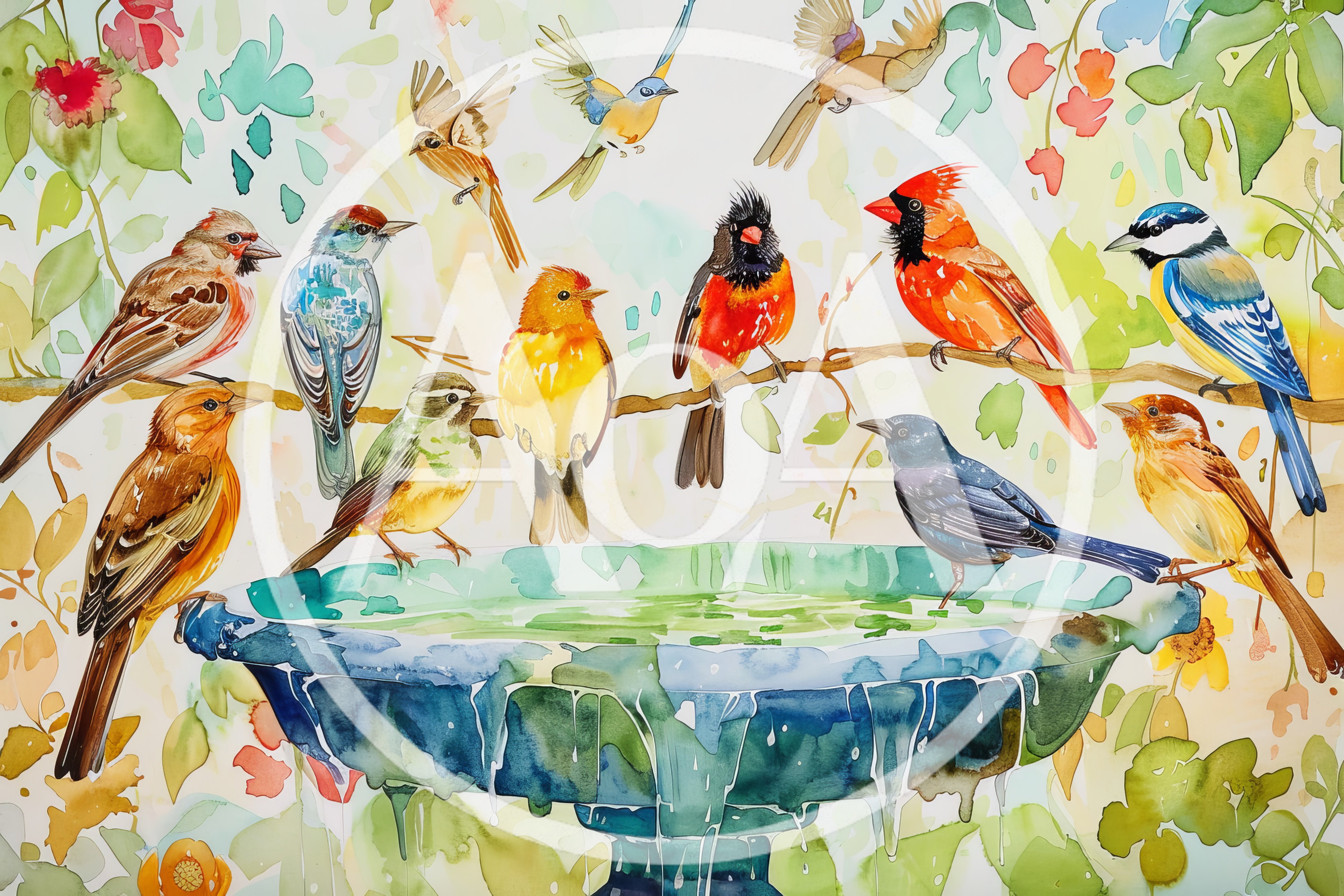 Watercolor Painting Of Various Colorful Birds At A Birdbath