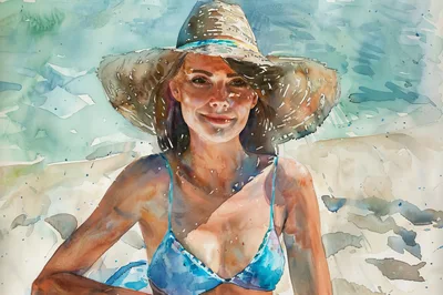 Watercolor Portrait Of A Woman In A Sun Hat