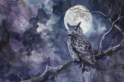 Great Horned Owl Perched On Branch Under Full Moon