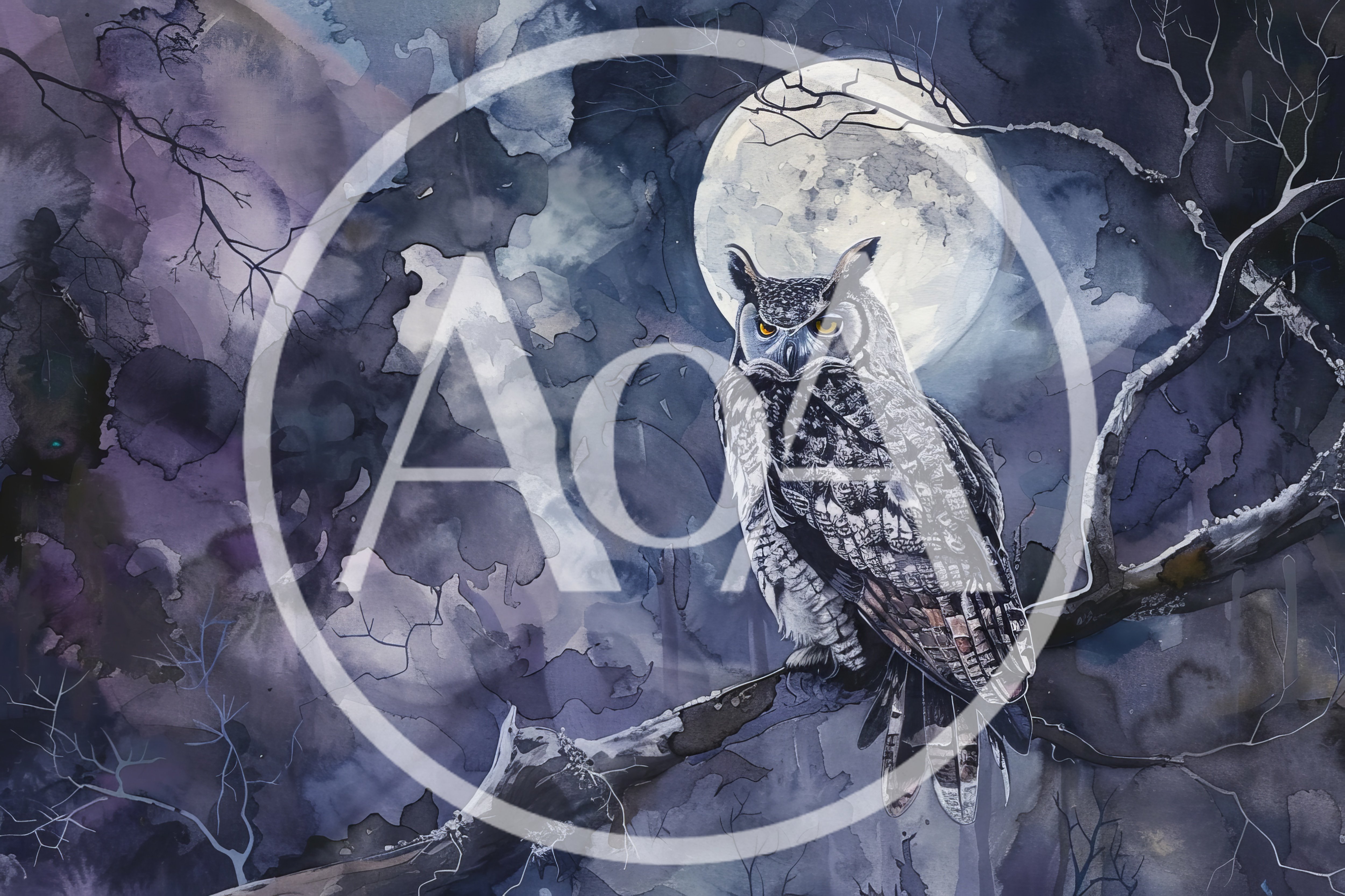 Great Horned Owl Perched On Branch Under Full Moon