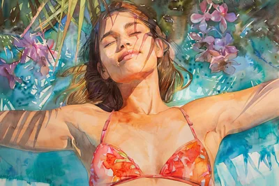 Watercolor Painting Of A Woman Relaxing In Tropical Flowers