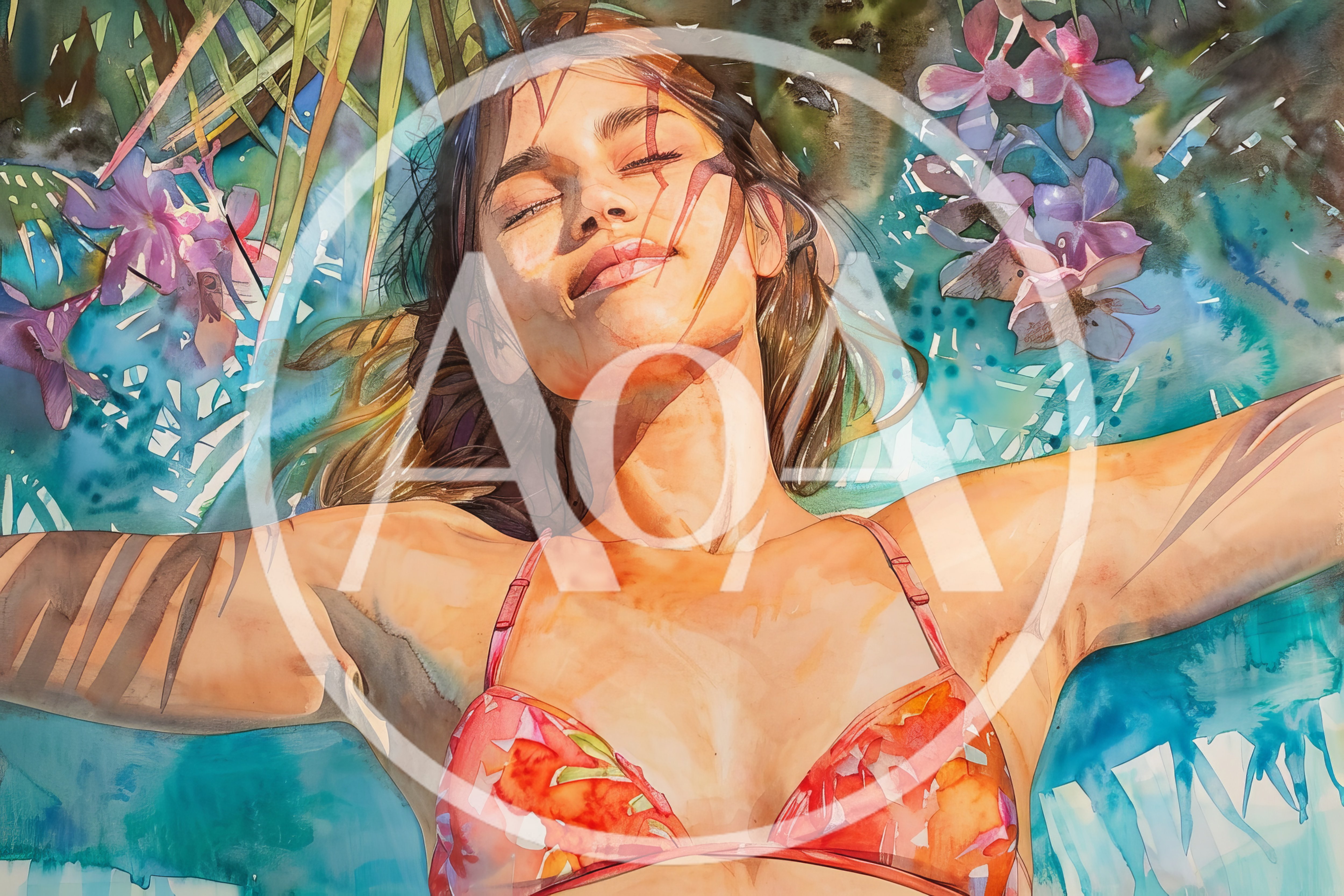 Watercolor Painting Of A Woman Relaxing In Tropical Flowers
