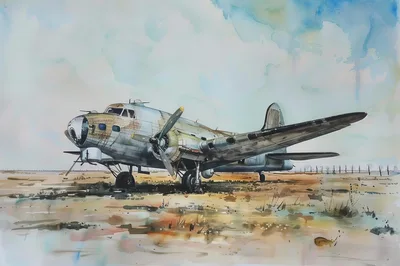 Vintage Propeller Airplane Parked On Desert Landscape