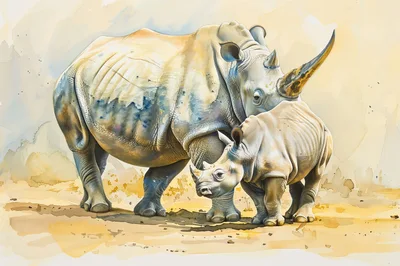 Watercolor Illustration Of A Mother Rhinoceros And Calf