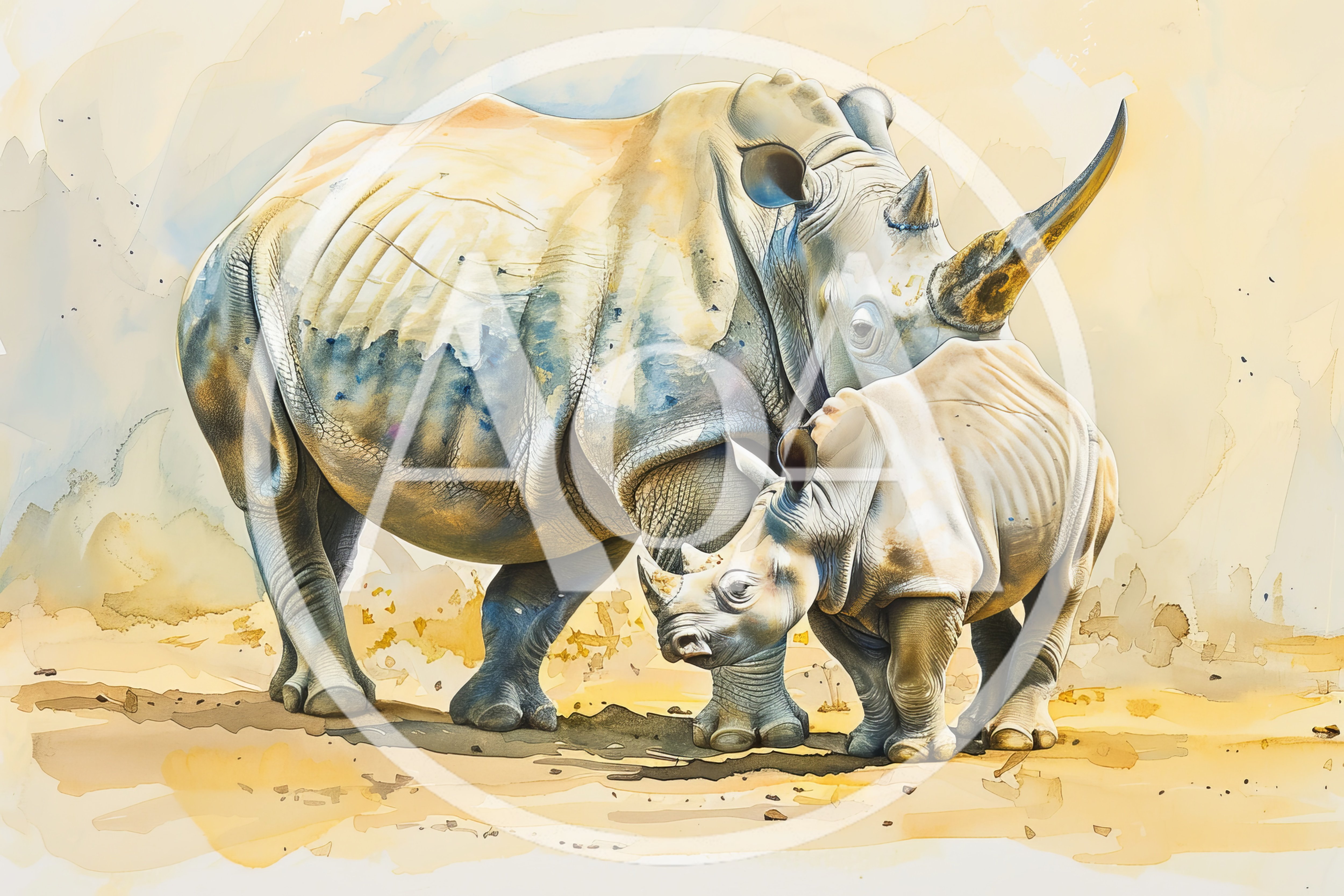 Watercolor Illustration Of A Mother Rhinoceros And Calf