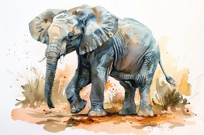 Watercolor Illustration Of A Walking African Elephant