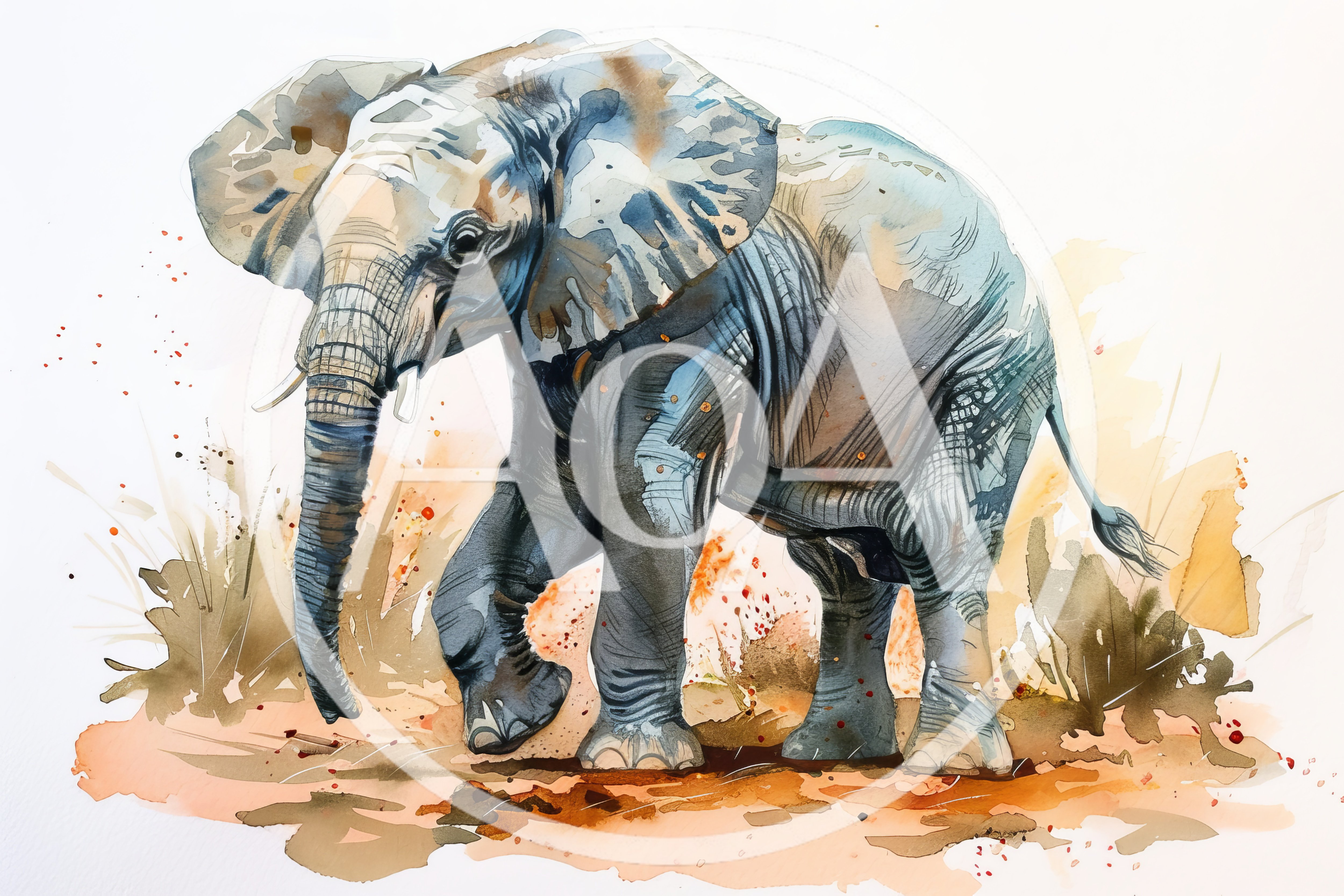 Watercolor Illustration Of A Walking African Elephant