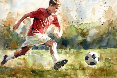 Watercolor Illustration Of A Soccer Player Dribbling