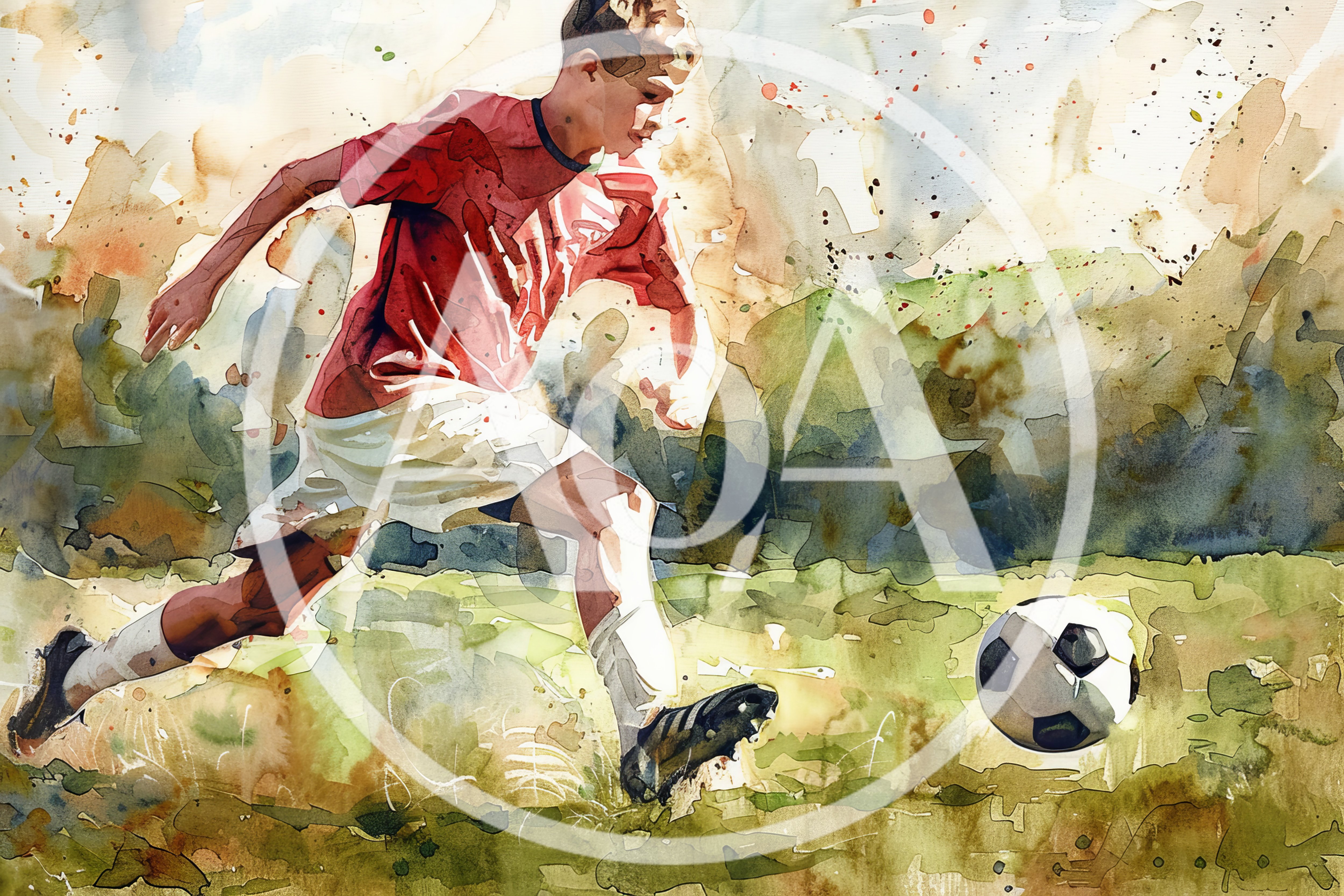 Watercolor Illustration Of A Soccer Player Dribbling
