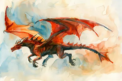 Watercolor Illustration Of A Majestic Red Dragon Flying