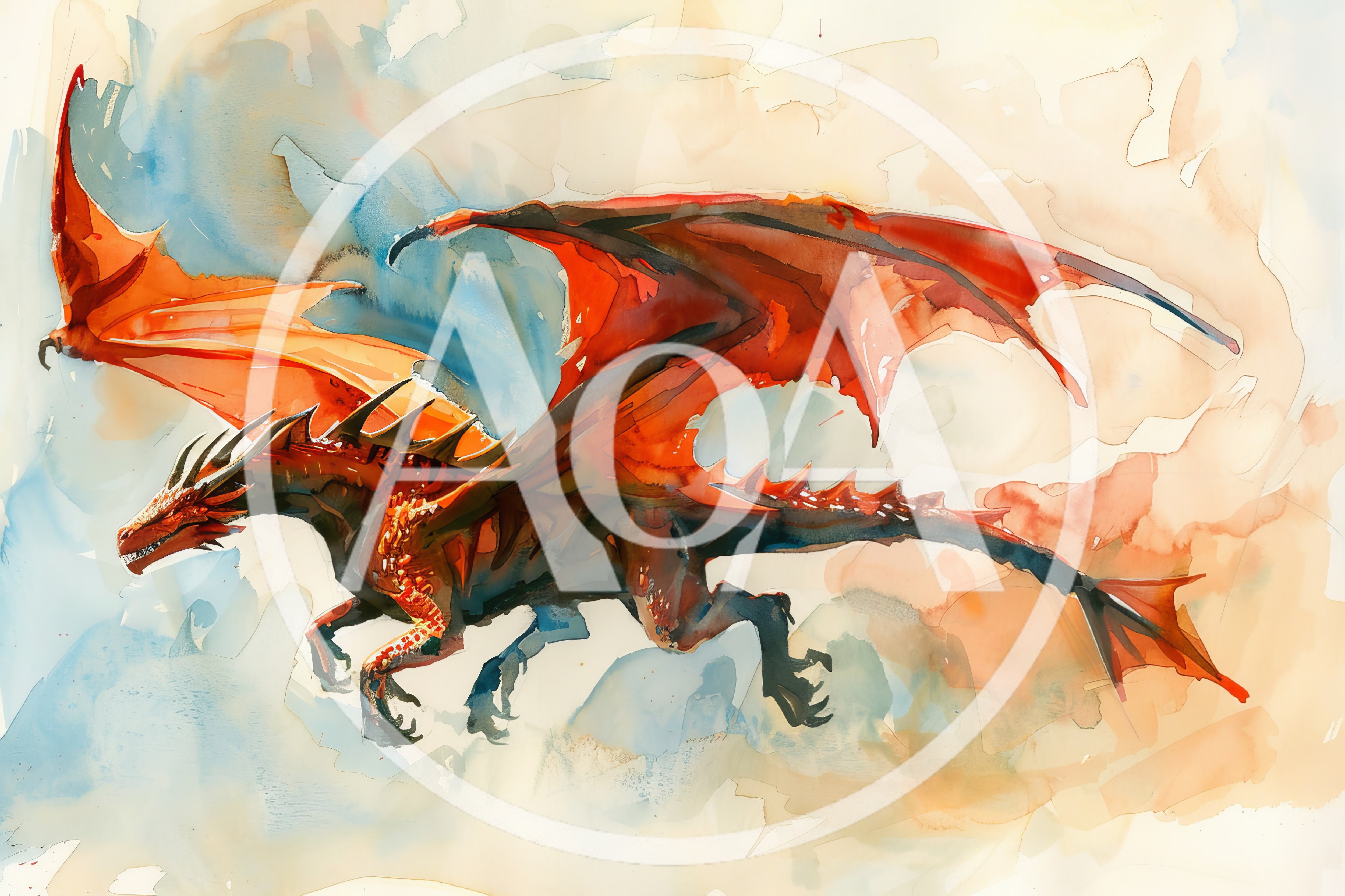 Watercolor Illustration Of A Majestic Red Dragon Flying