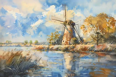 Watercolor Painting Of A Traditional Dutch Windmill