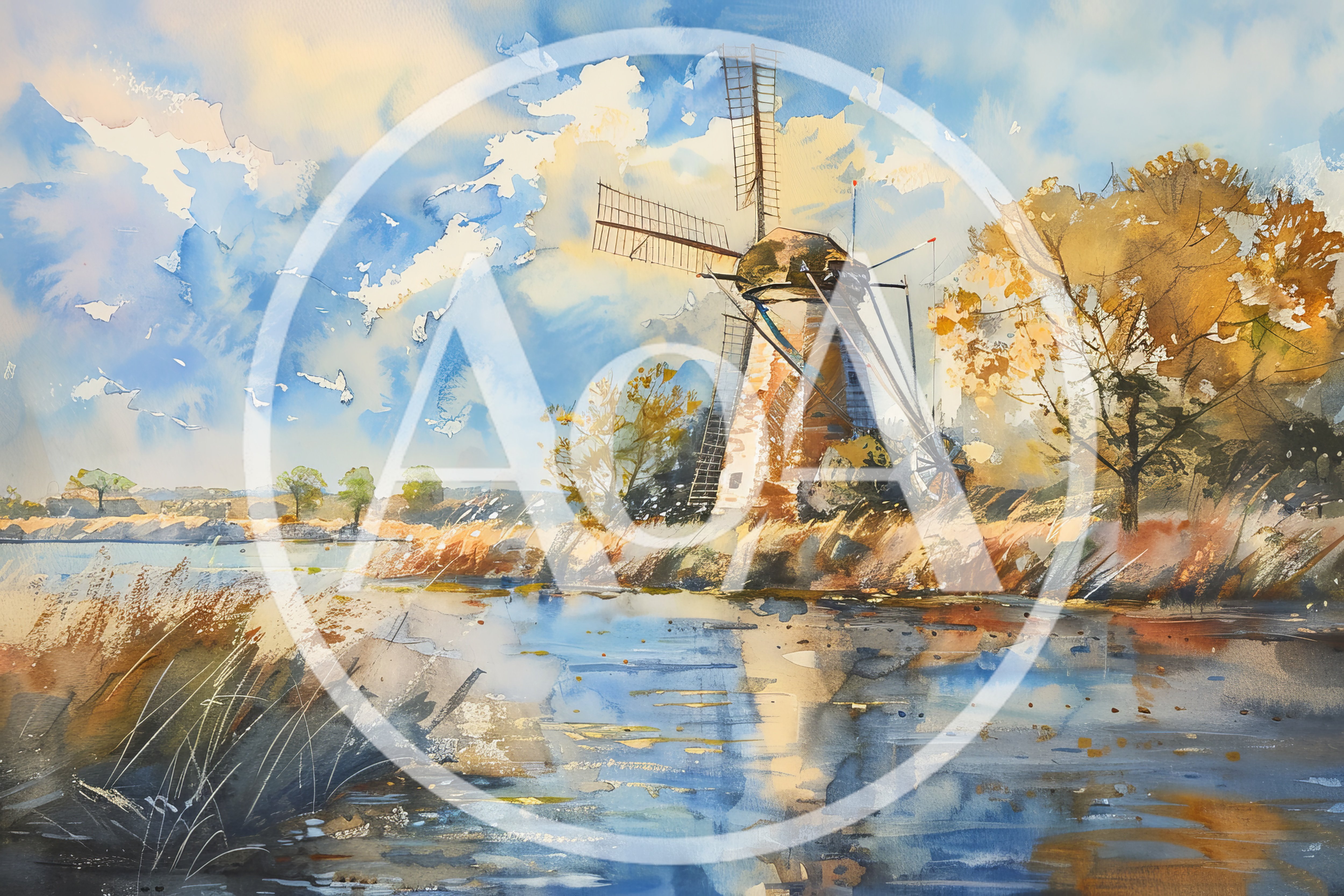 Watercolor Painting Of A Traditional Dutch Windmill