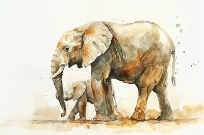 Watercolor Painting Of An Elephant Mother And Calf