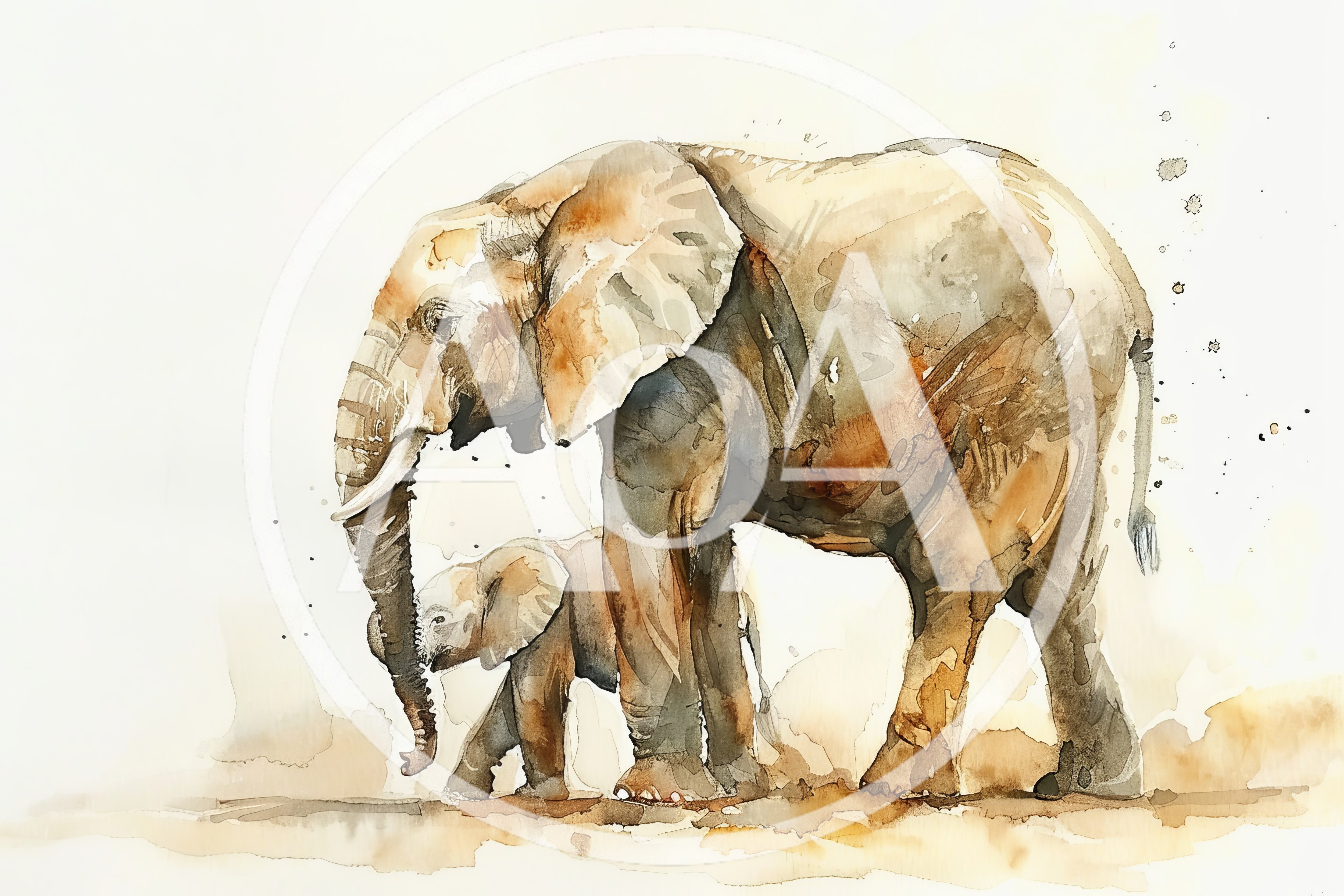 Watercolor Painting Of An Elephant Mother And Calf