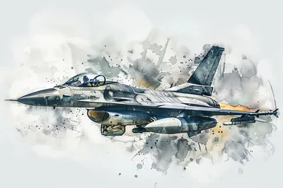 F-16 Fighting Falcon Jet In Watercolor Artistic Style