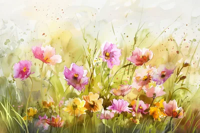 Watercolor Painting Of Wildflowers In A Meadow