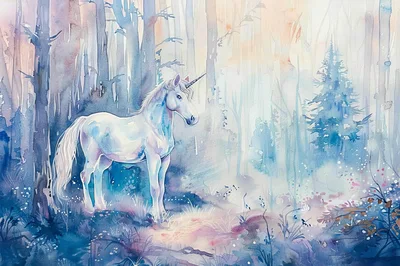 Watercolor Illustration Of A Majestic White Unicorn In Forest