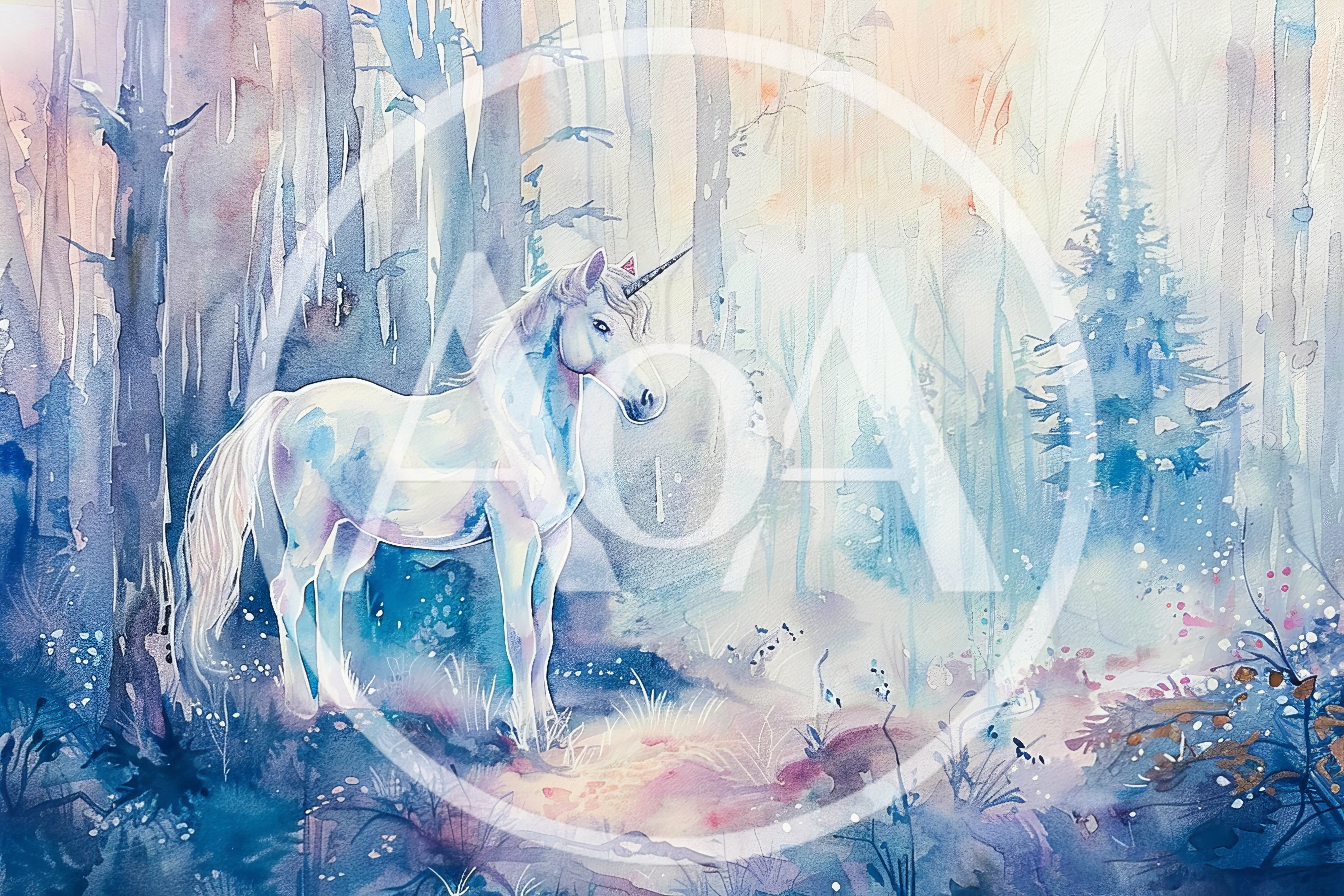 Watercolor Illustration Of A Majestic White Unicorn In Forest