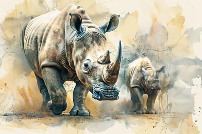 Adult Rhinoceros Walking With Calf In Artistic Watercolor Style