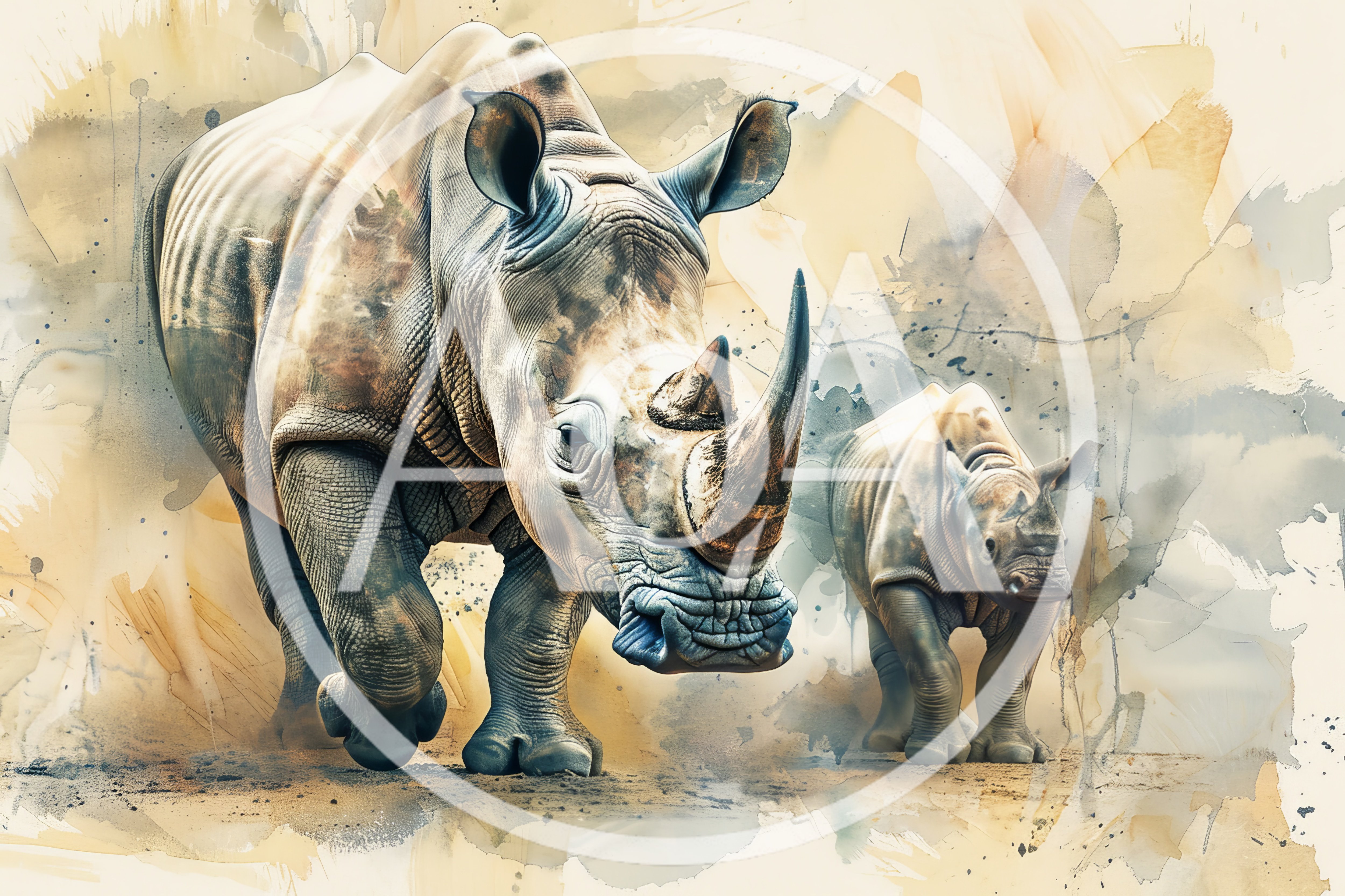 Adult Rhinoceros Walking With Calf In Artistic Watercolor Style