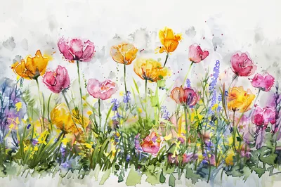 Watercolor Painting Of Vibrant Wildflowers In A Meadow
