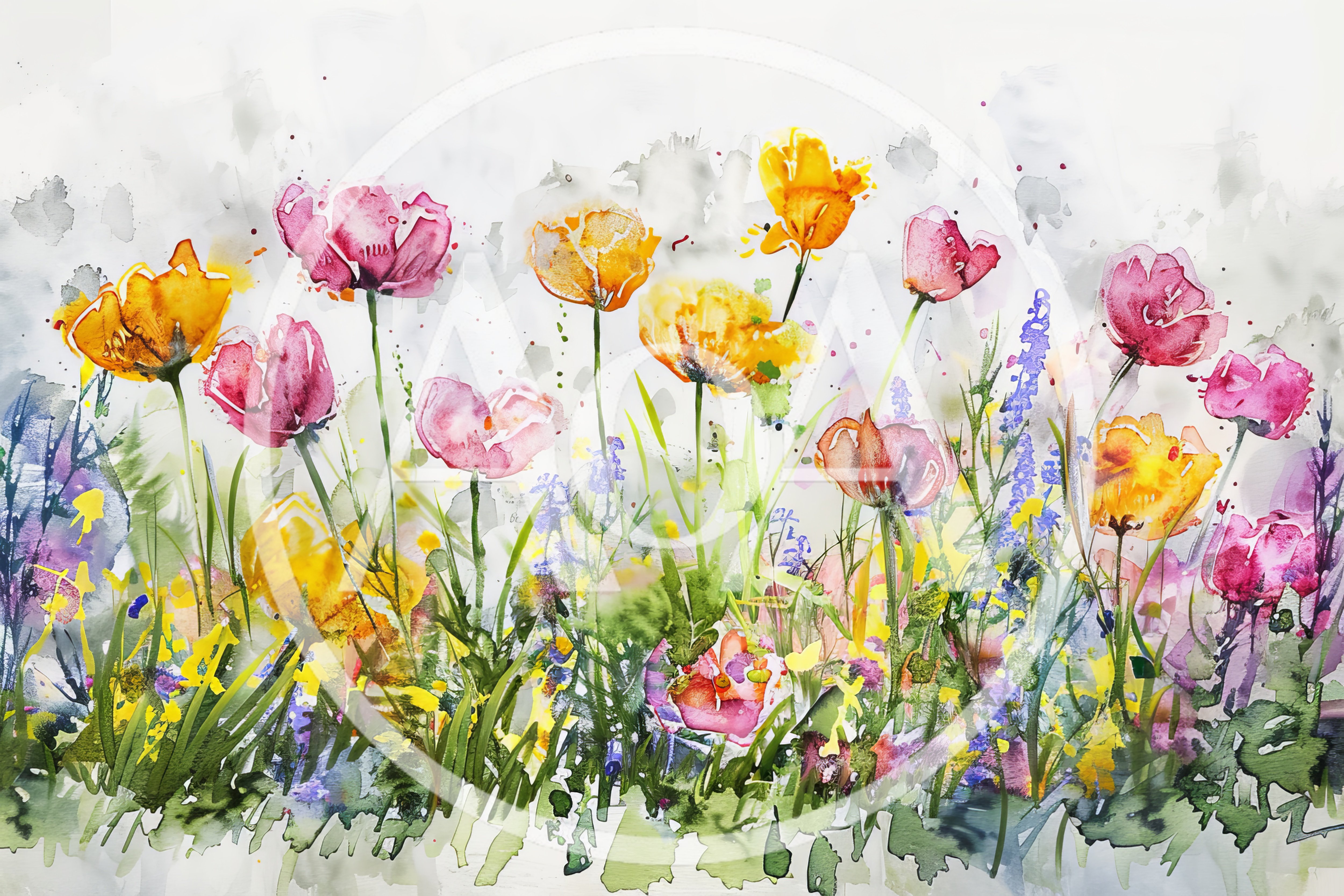 Watercolor Painting Of Vibrant Wildflowers In A Meadow